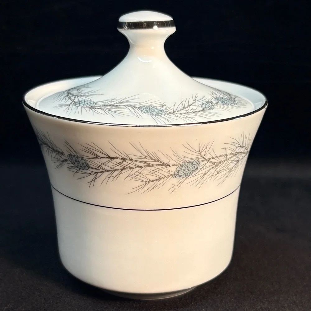 Style House Duchess Fine China Sugar Bowl Lid Japan Pine Cone Silver Trim White